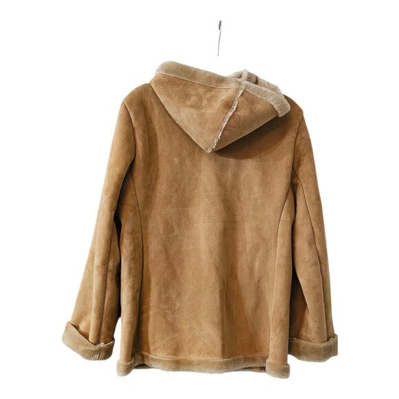 Mulberry Street Womens LARGE Hooded Coat Jacket Faux Fur Faux Suede Pockets Tan - Picture 2 of 8